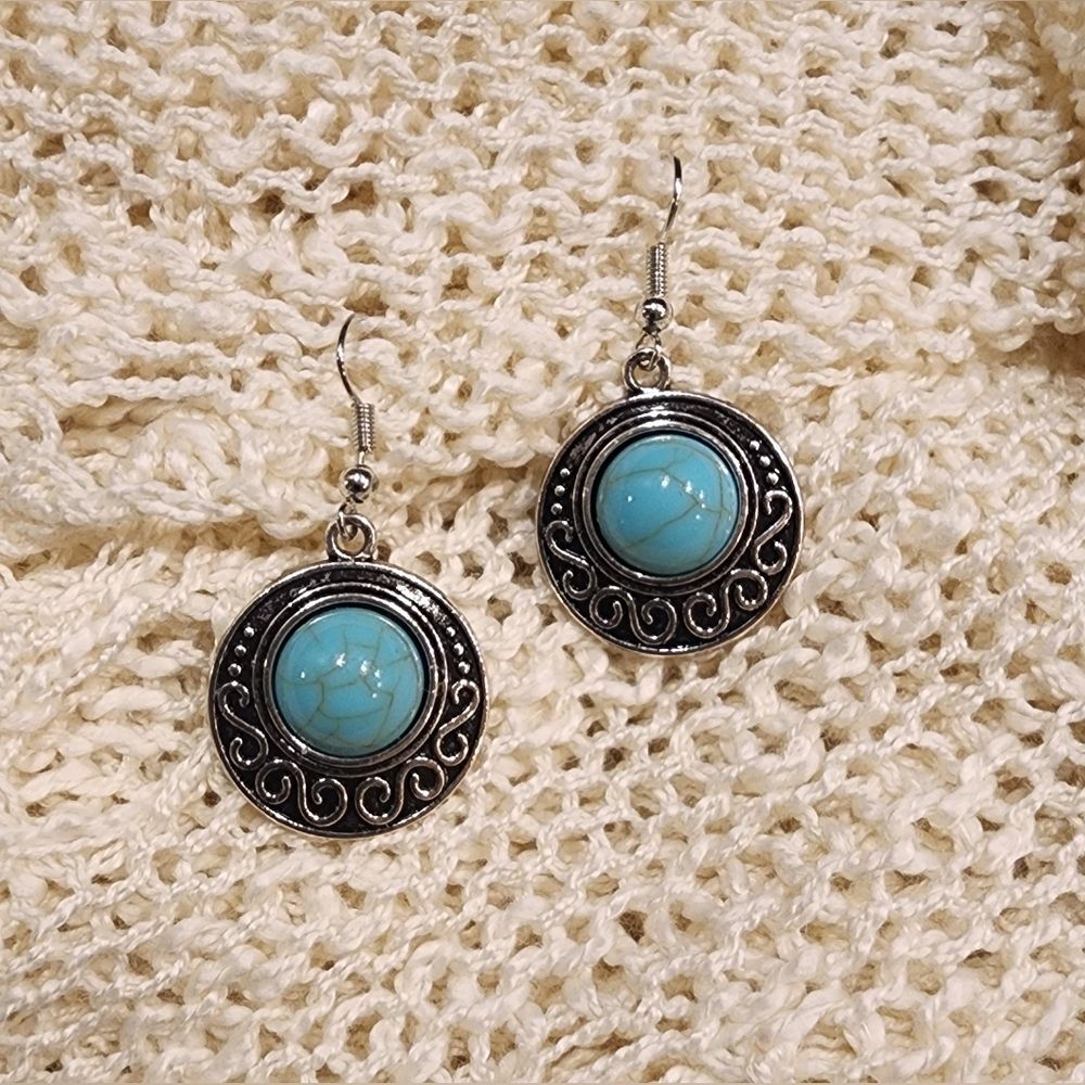 NEW Silver Toned and Faux Turquoise Round Scroll Earrings